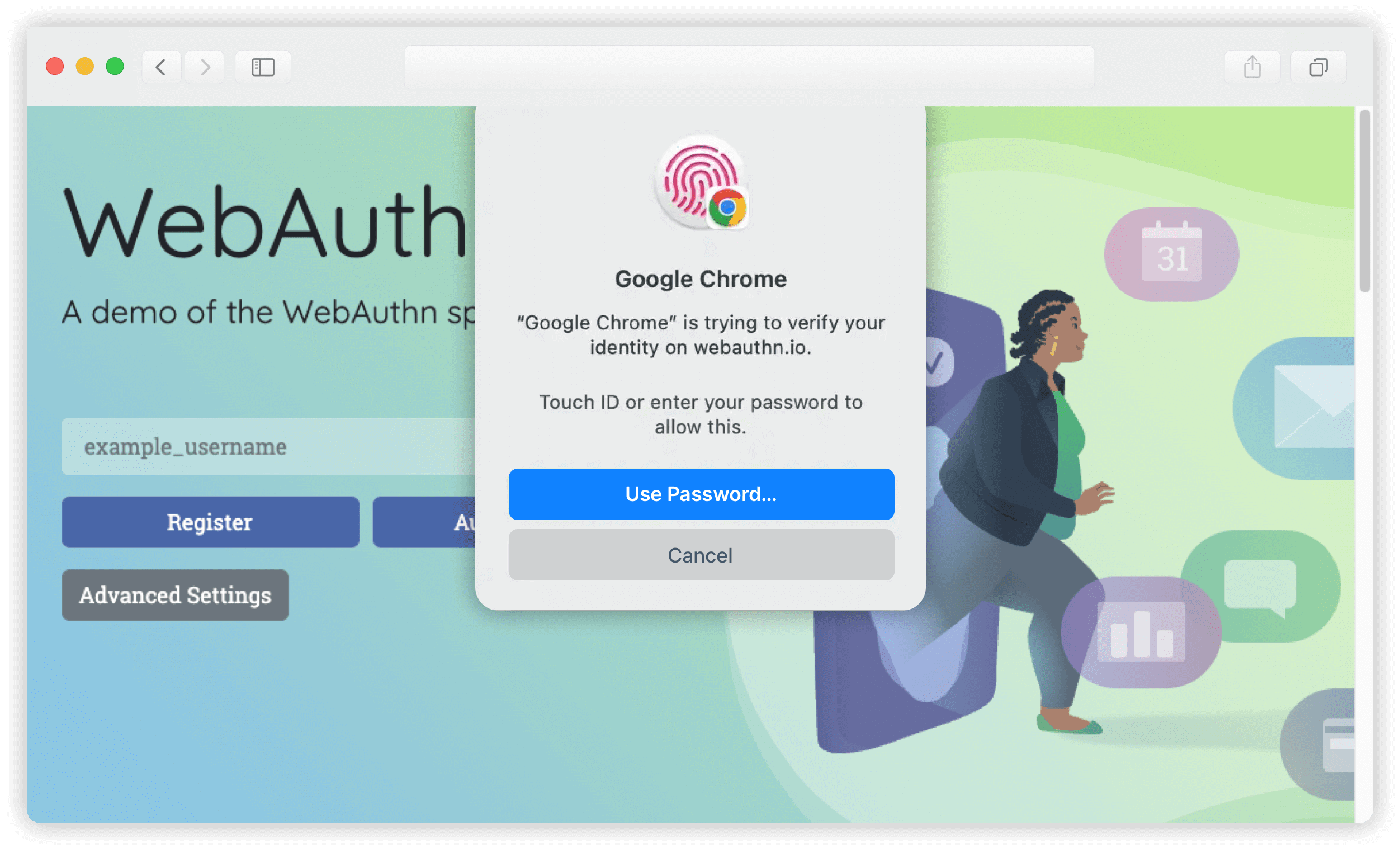 WebAuthn.io in Chrome: a prompt to use Touch ID