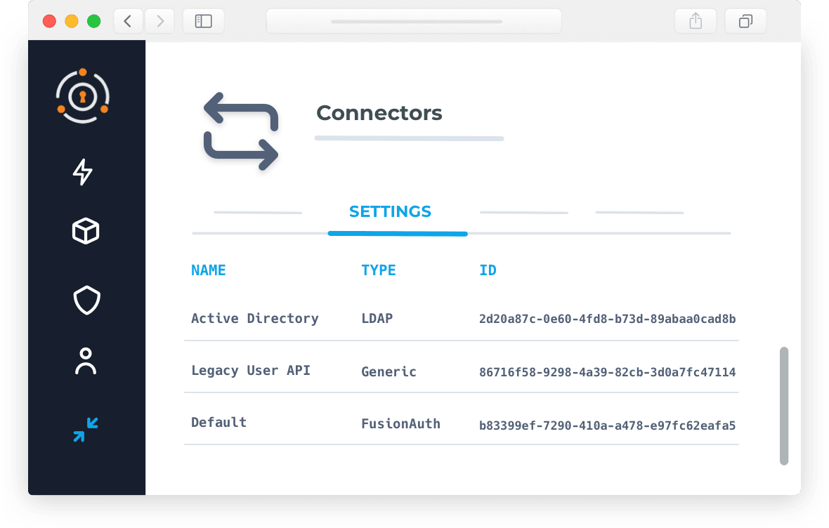 fusionauth dashboard connectors mockup