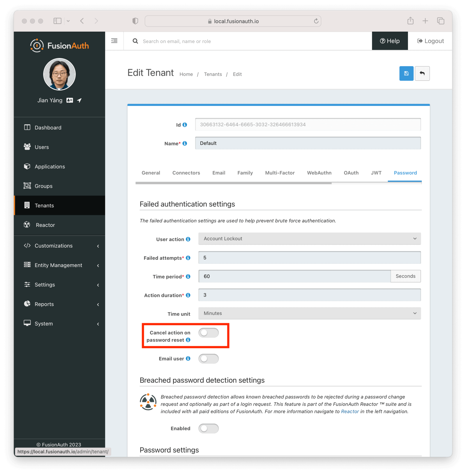 The tenant settings to allow users to cancel an lockout action by resetting their password.