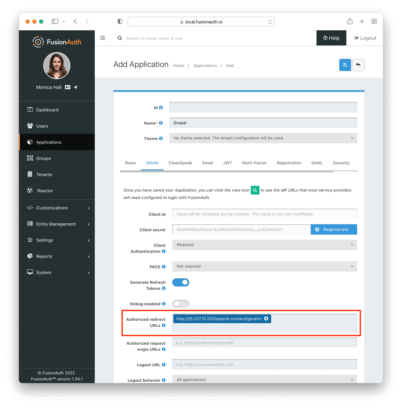 Configuring the OAuth tab of the drupal application.