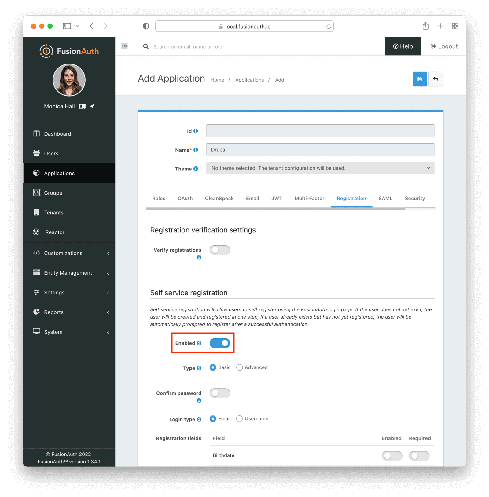 Configuring the Registration tab of the drupal application.