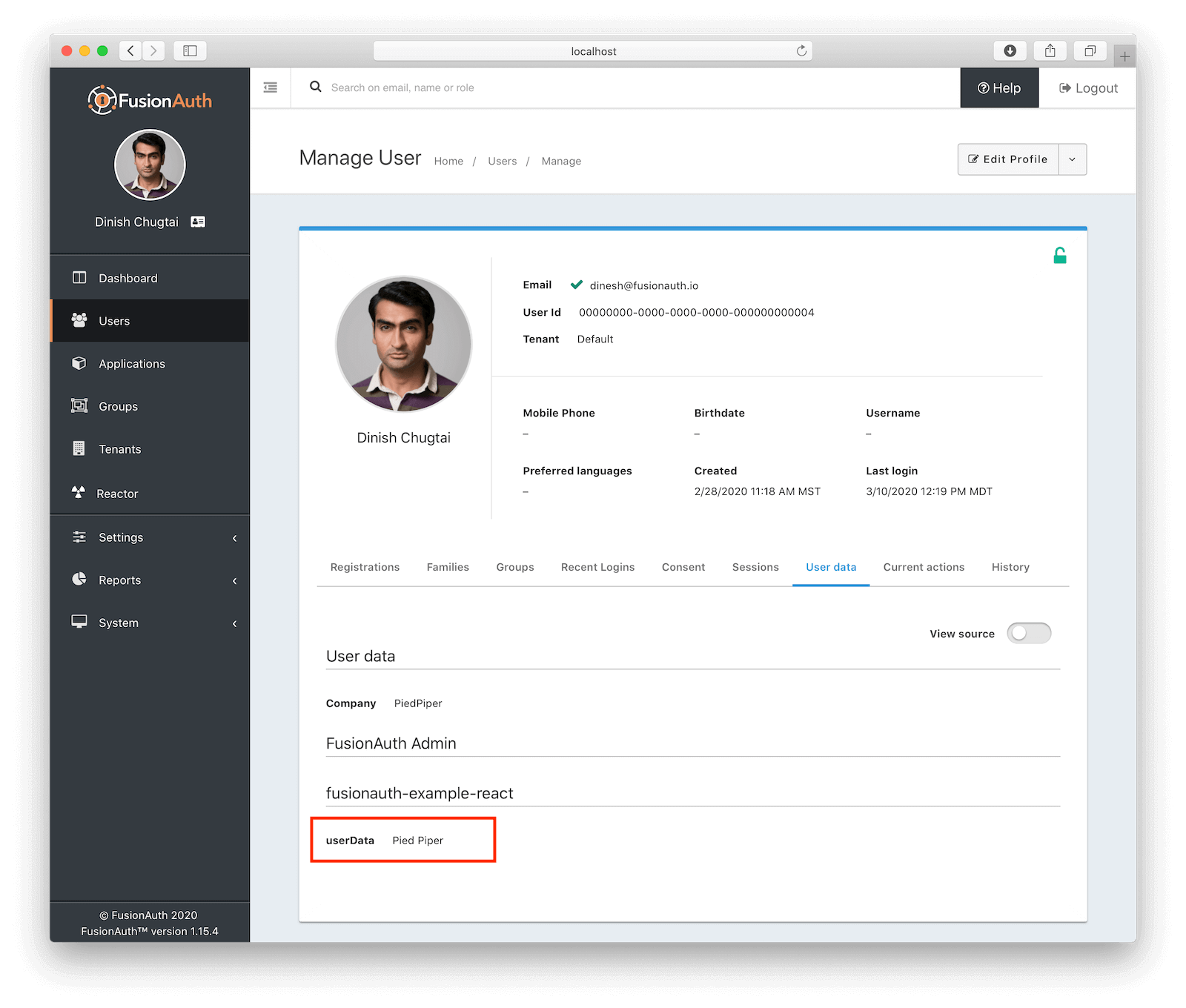 The admin user data screen.