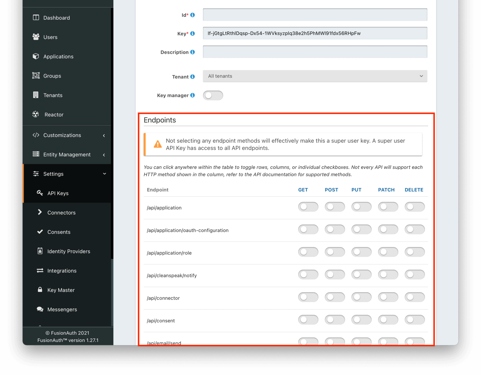 API Key endpoint permissions.