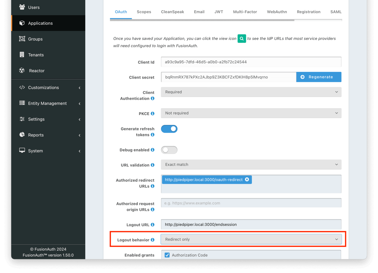 Configuring the logout behavior for an application.