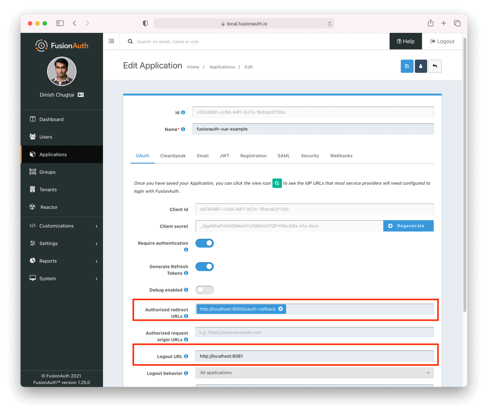 OAuth settings for the new application.