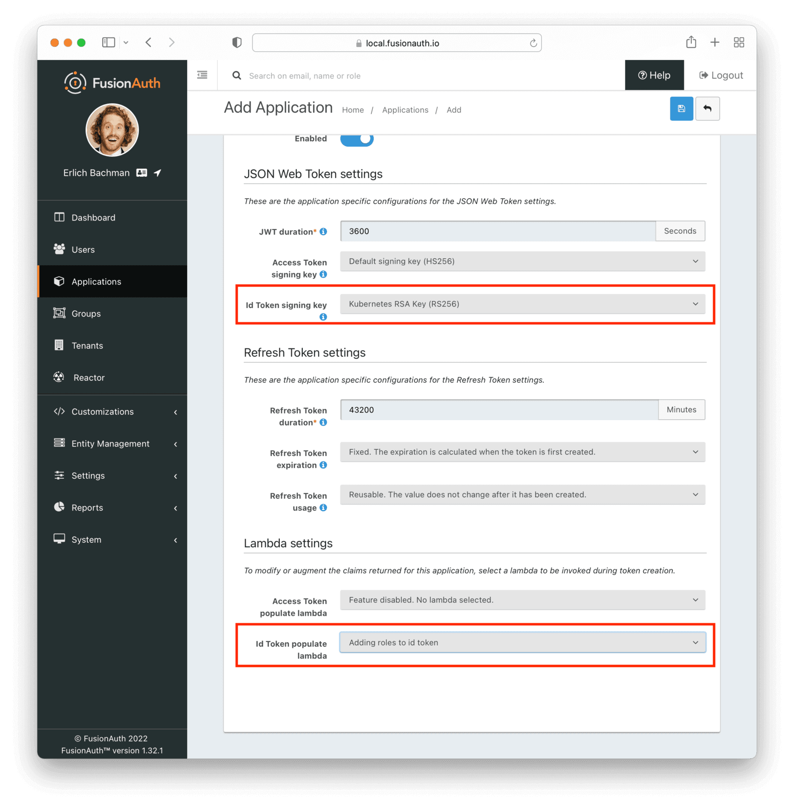 Configuring the JWT settings for a new application.