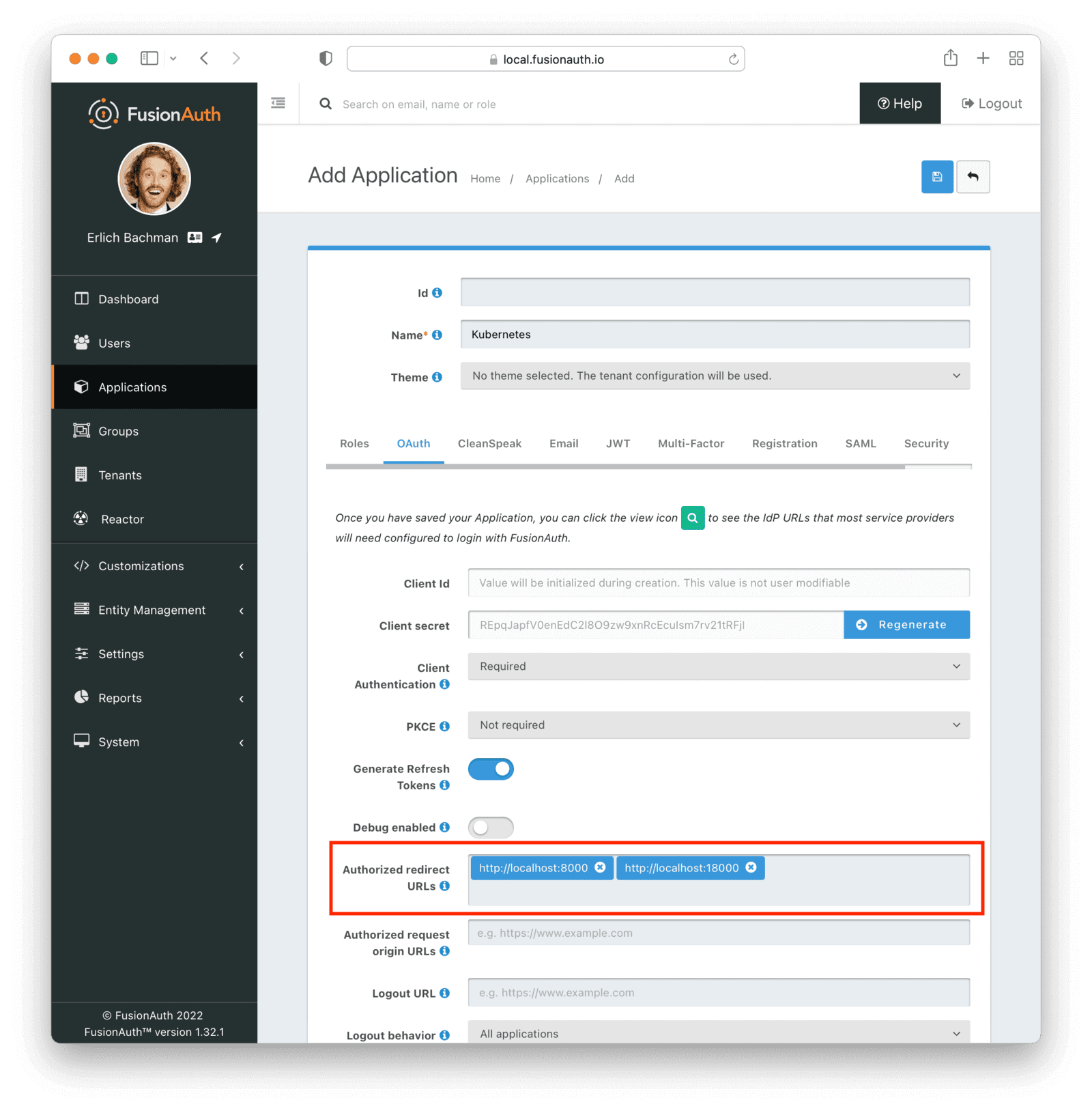 Configuring the OAuth settings for a new application.