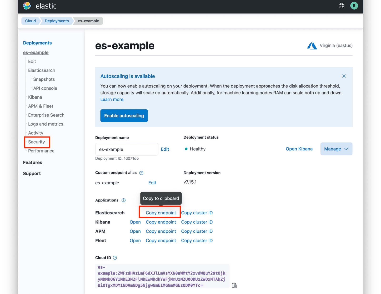 Example dashboard on Elastic Cloud