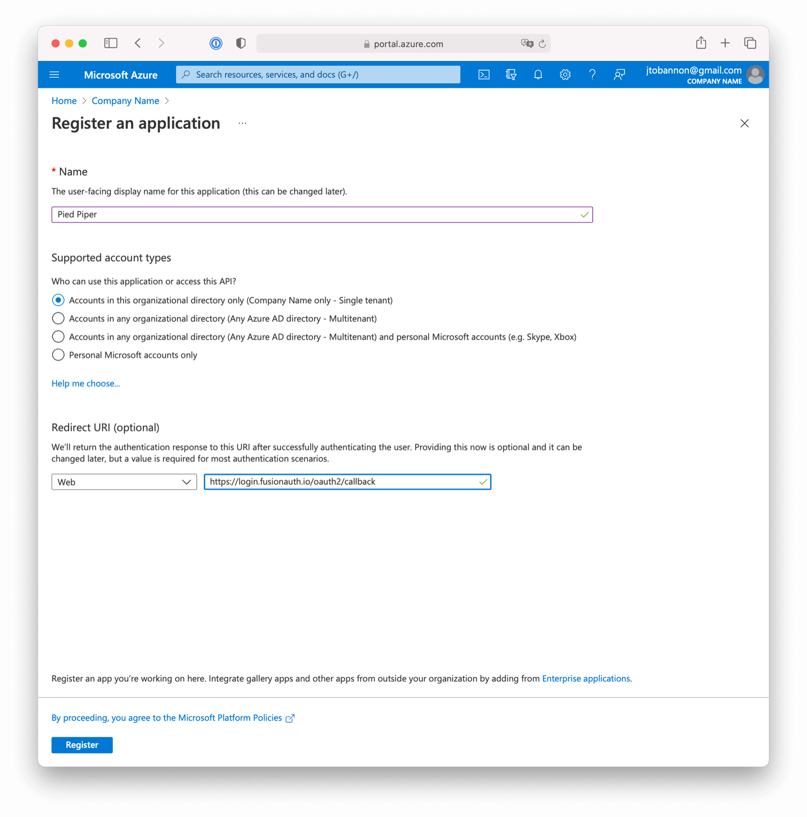 Register a new Azure AD Application