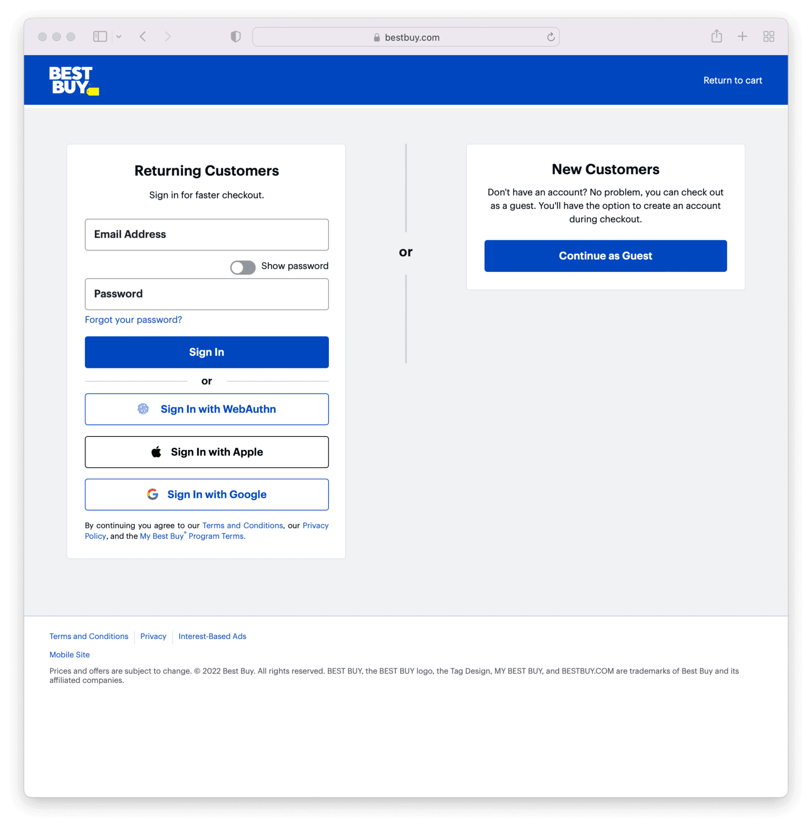 WebAuthn login form at Best Buy.