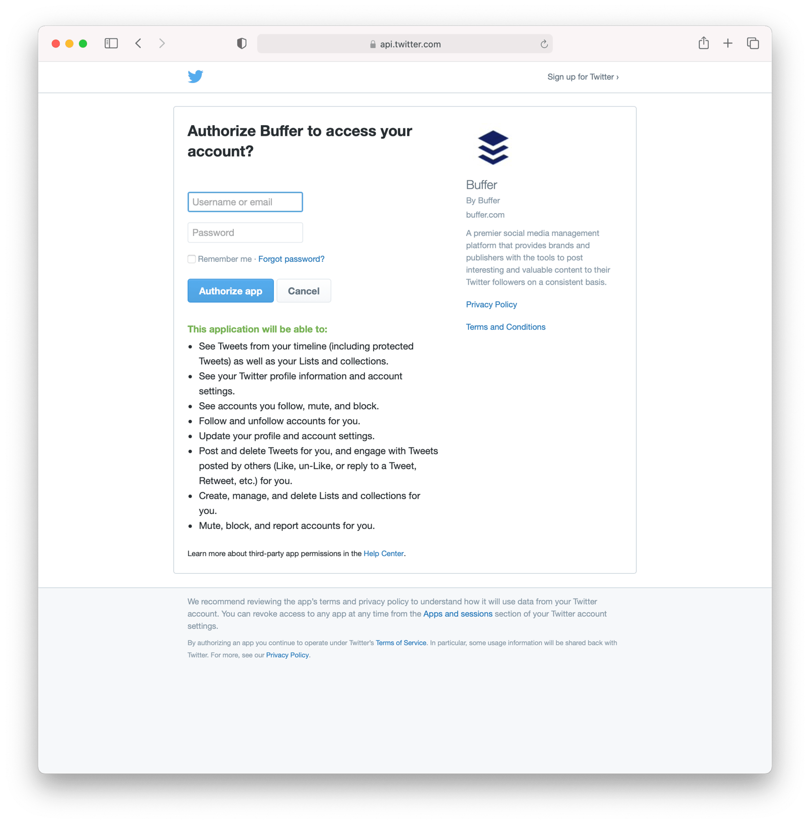Buffer would like to connect to your Twitter account.