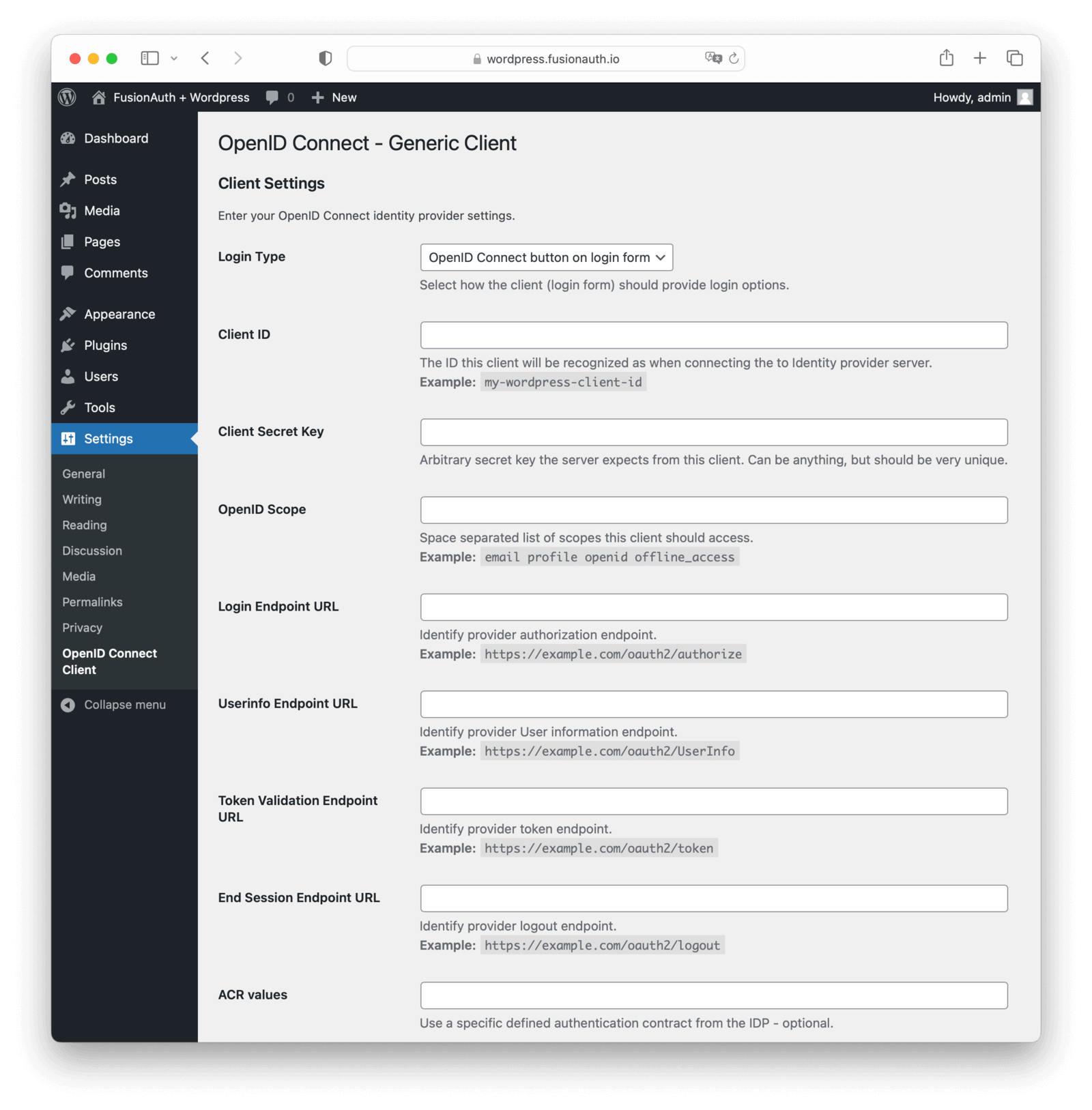 Configuring the WordPress OIDC plugin.