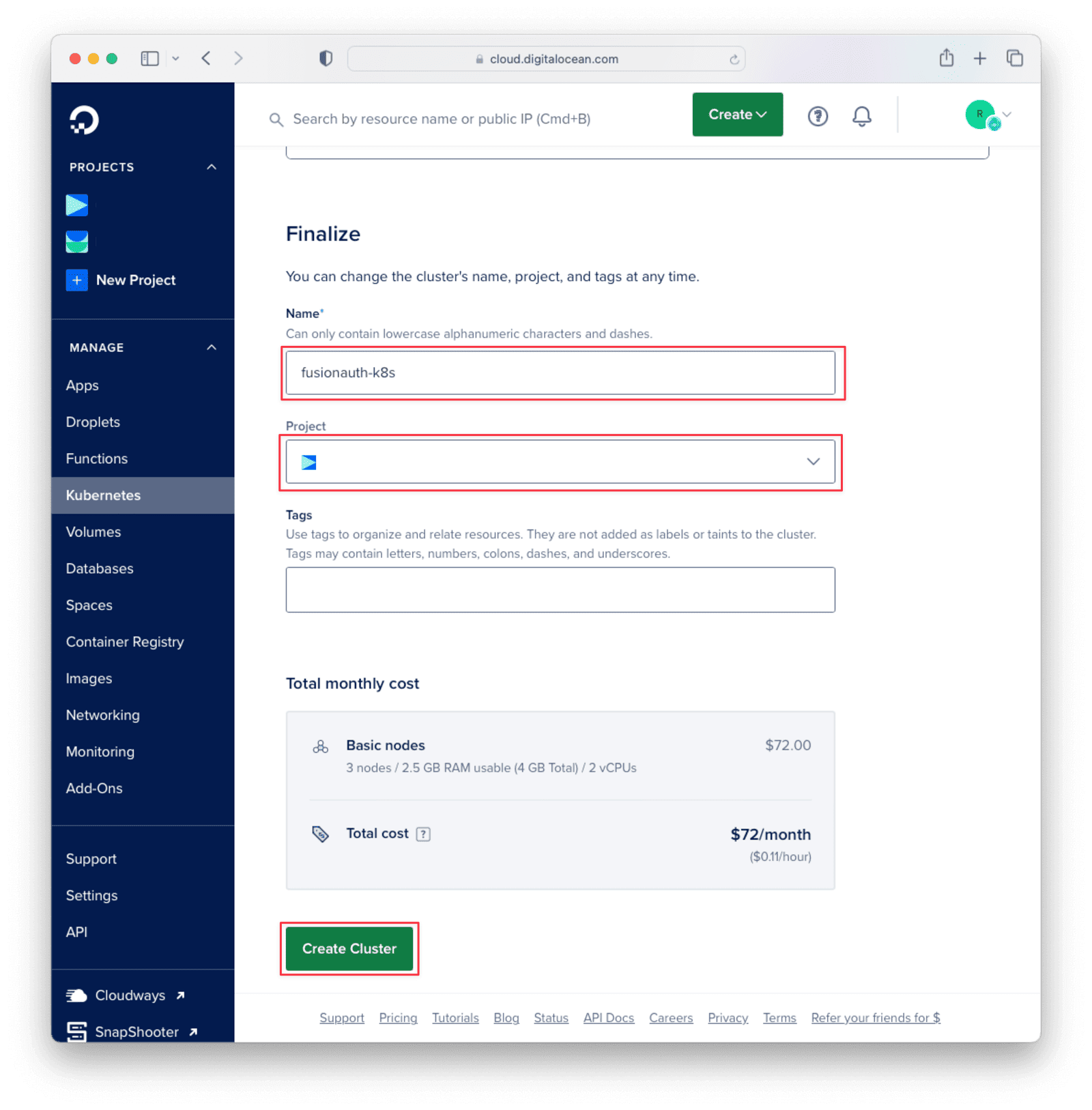 Settings configuration for new Kubernetes cluster.