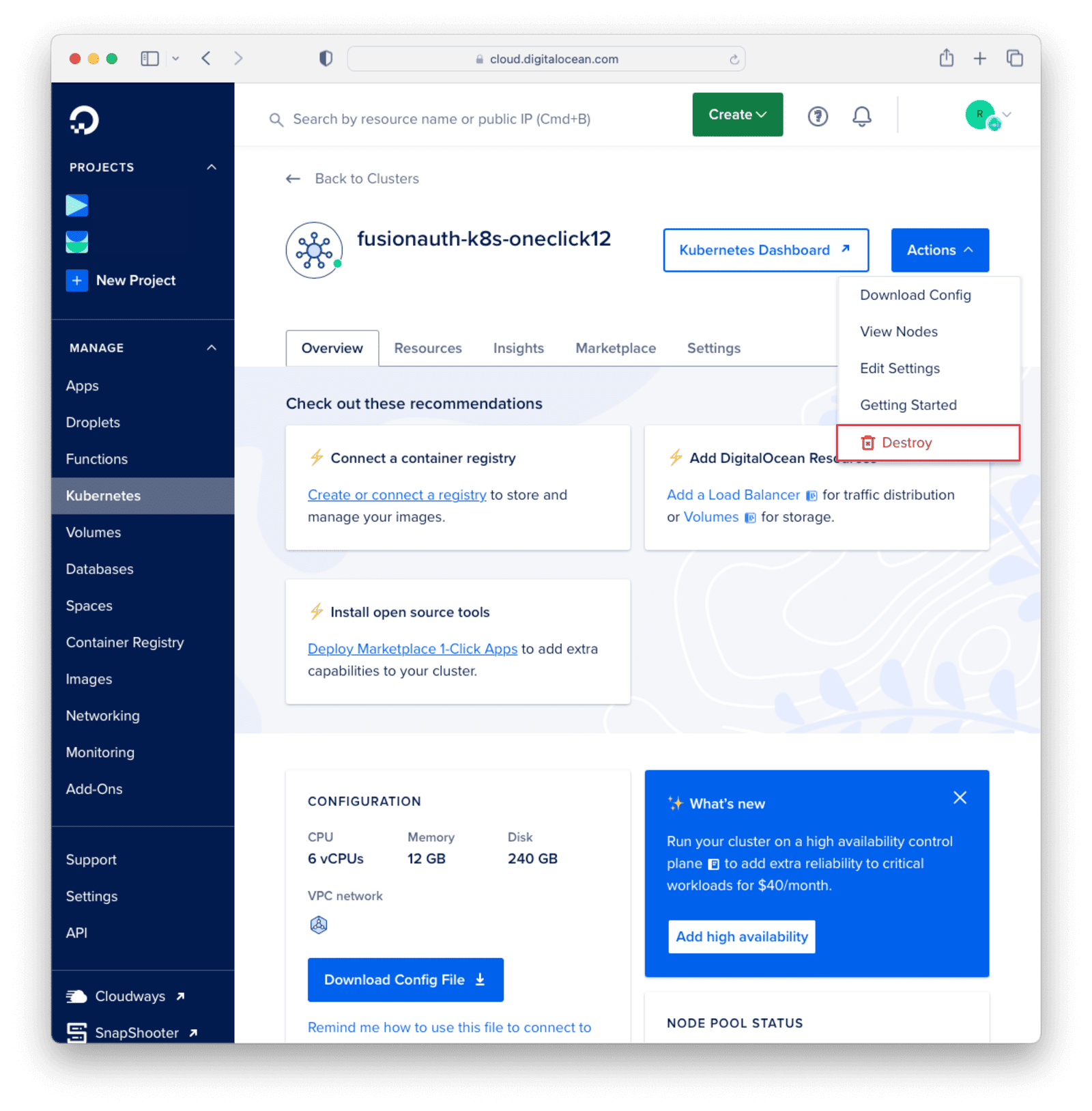 Destroying a cluster from the DigitalOcean admin console.