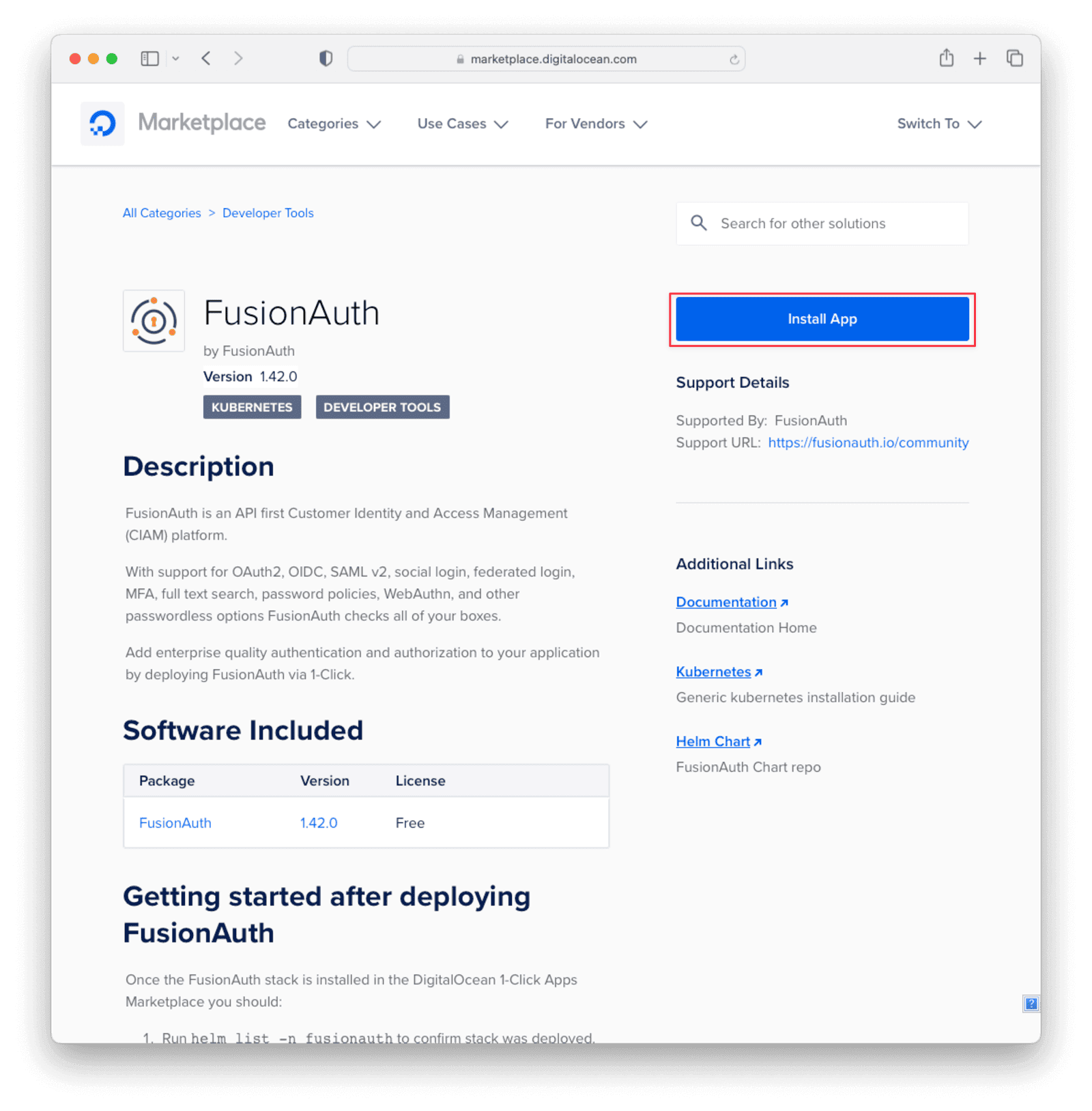 Install FusionAuth from DigitalOcean marketplace.