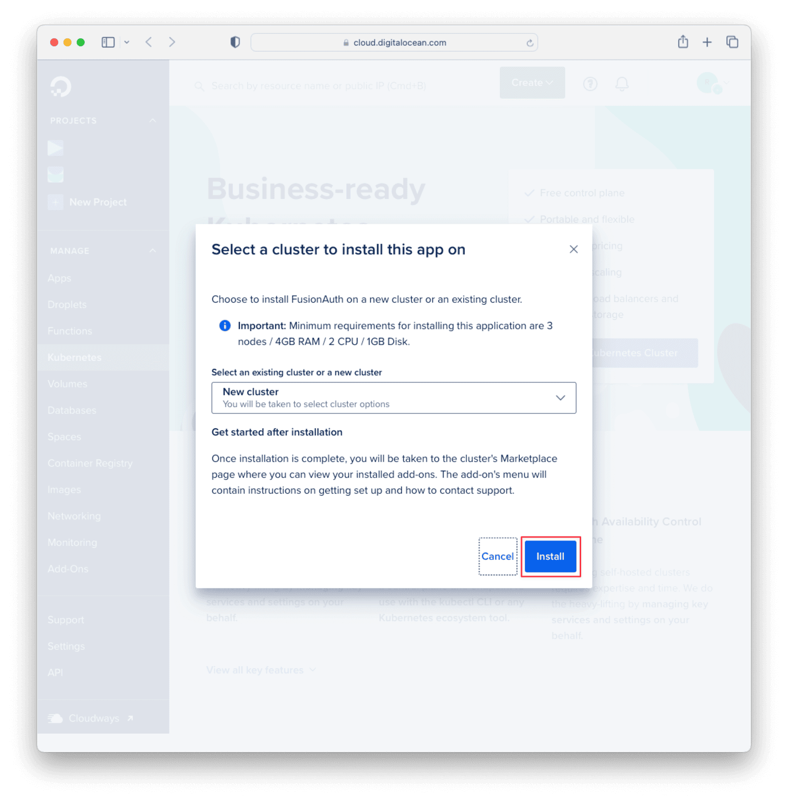 Select Kubernetes cluster to install FusionAuth on.