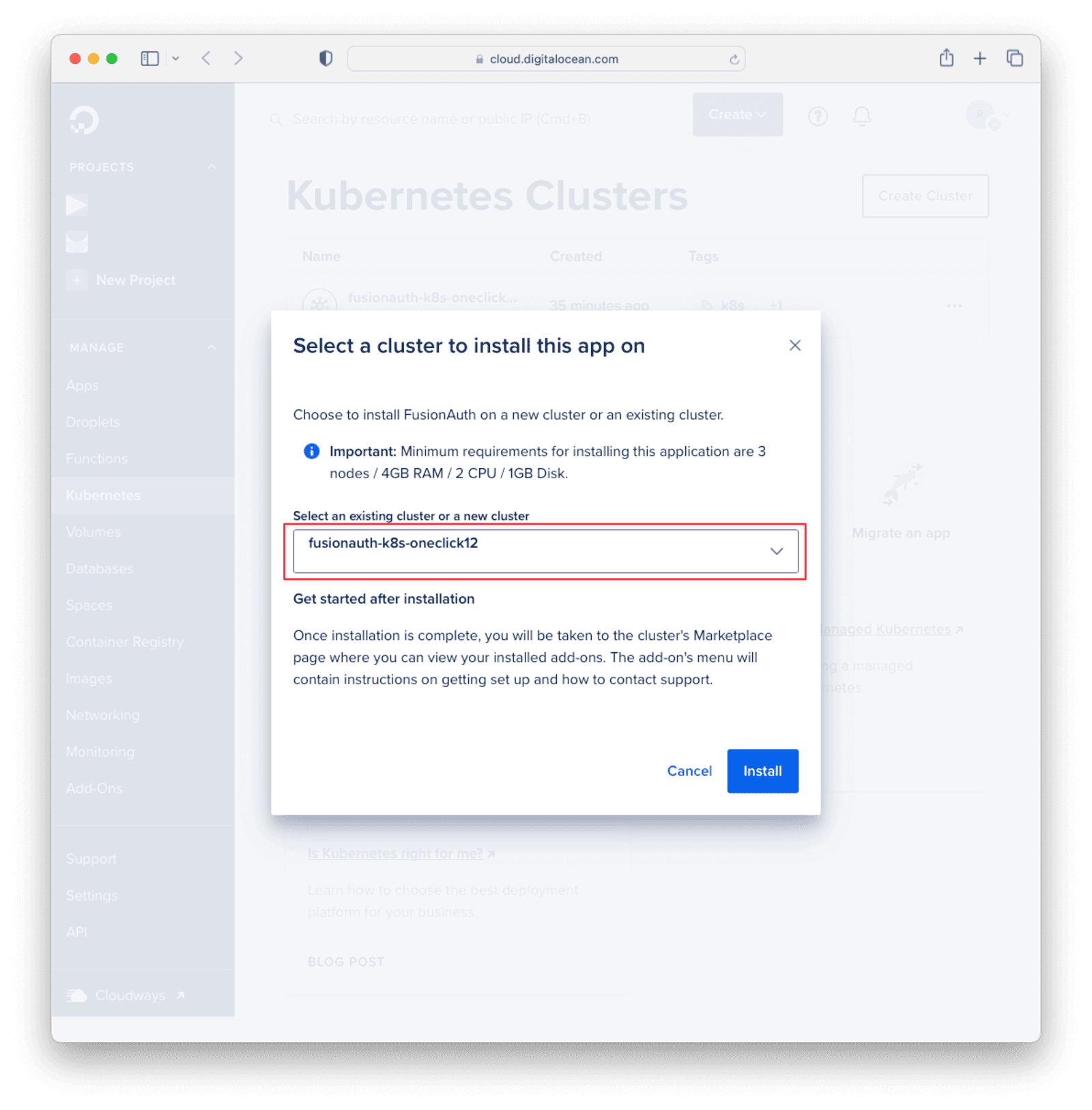 Selecting current cluster from the dropdown in the configuration wizard.