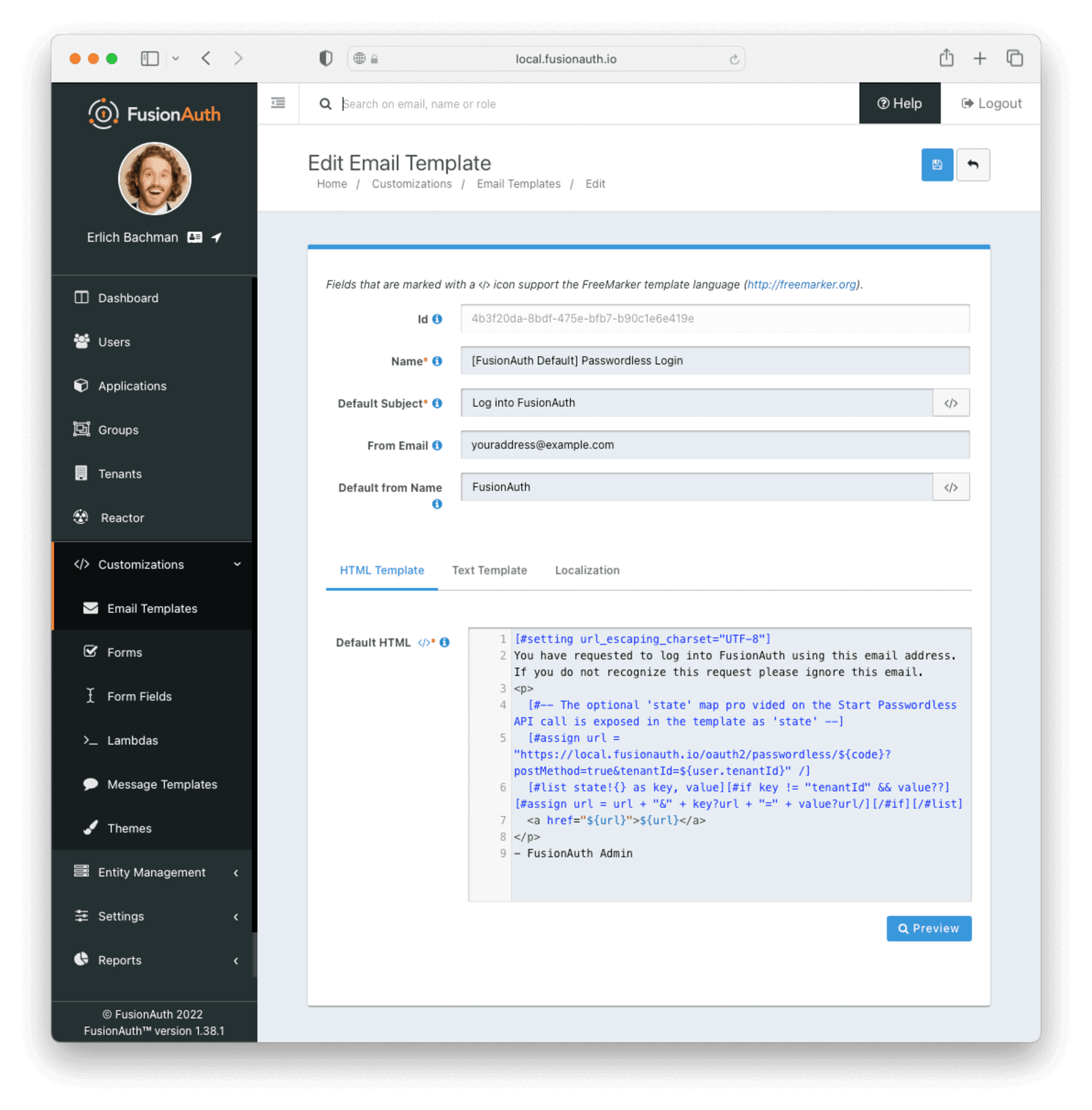 Complete configuration for an email template in FusionAuth