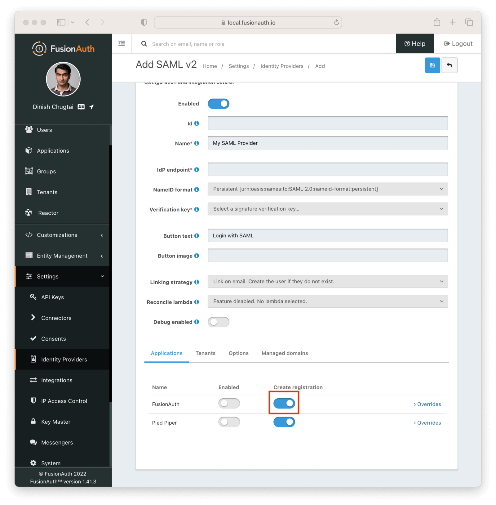 Using an IdP to allow for registration of the FusionAuth application.