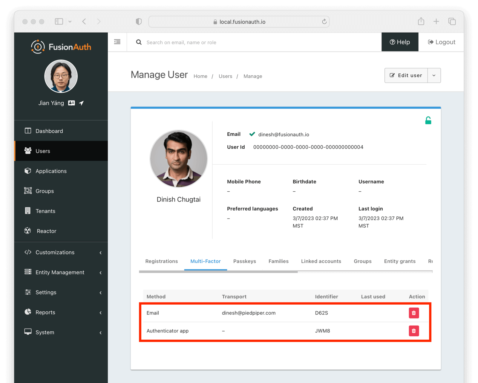 The MFA settings in the user details view when a second MFA method has been enabled.