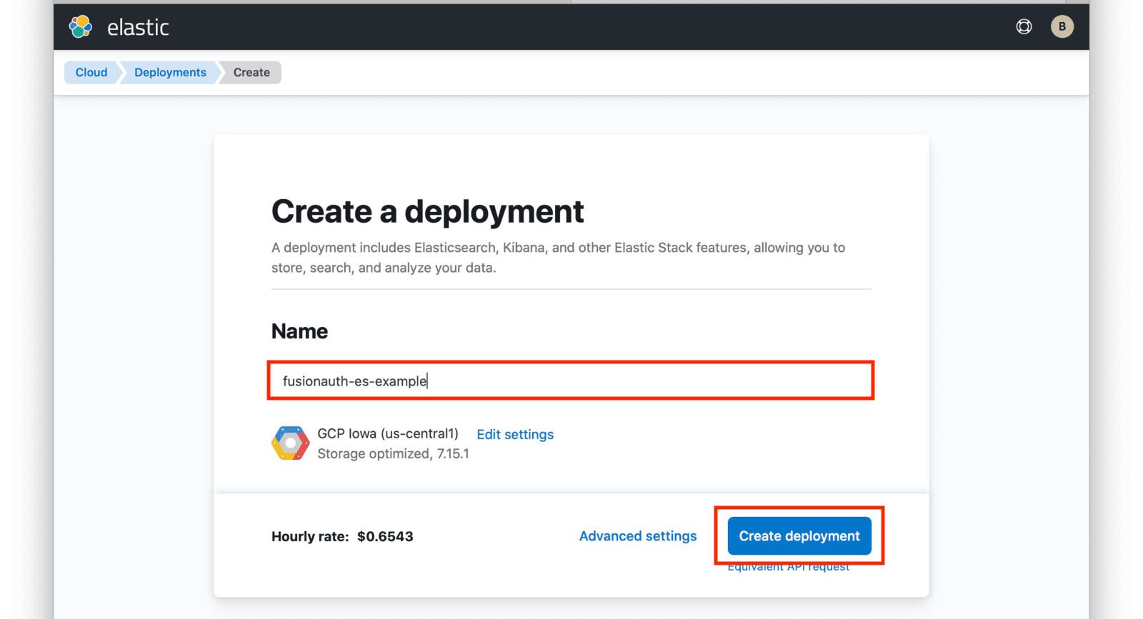 Create deployment screen