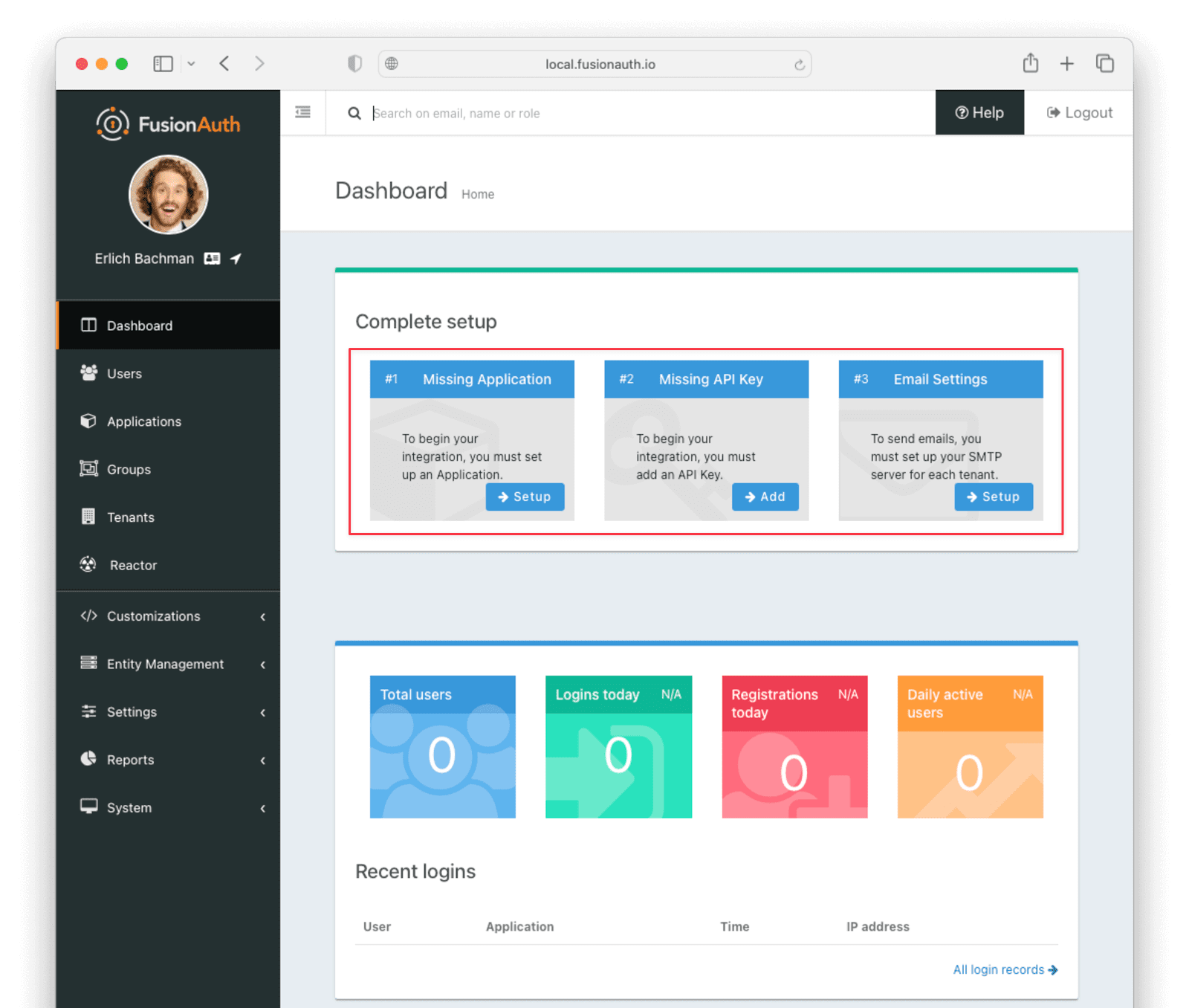 FusionAuth prompts you with the setup steps that you need to complete.