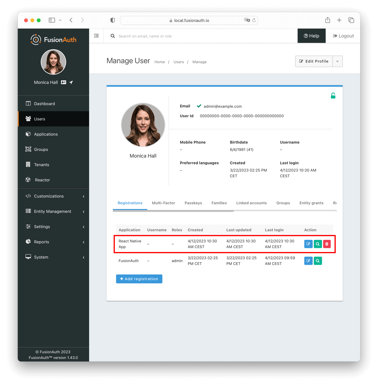 Registering your user to the React Native FusionAuth application.