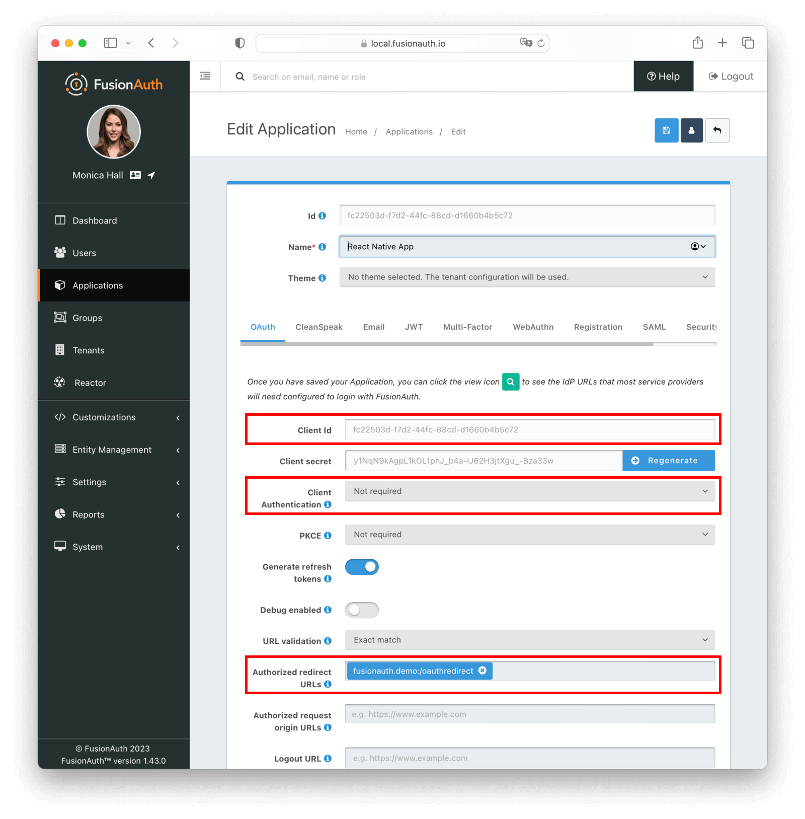 Configuring the FusionAuth application.