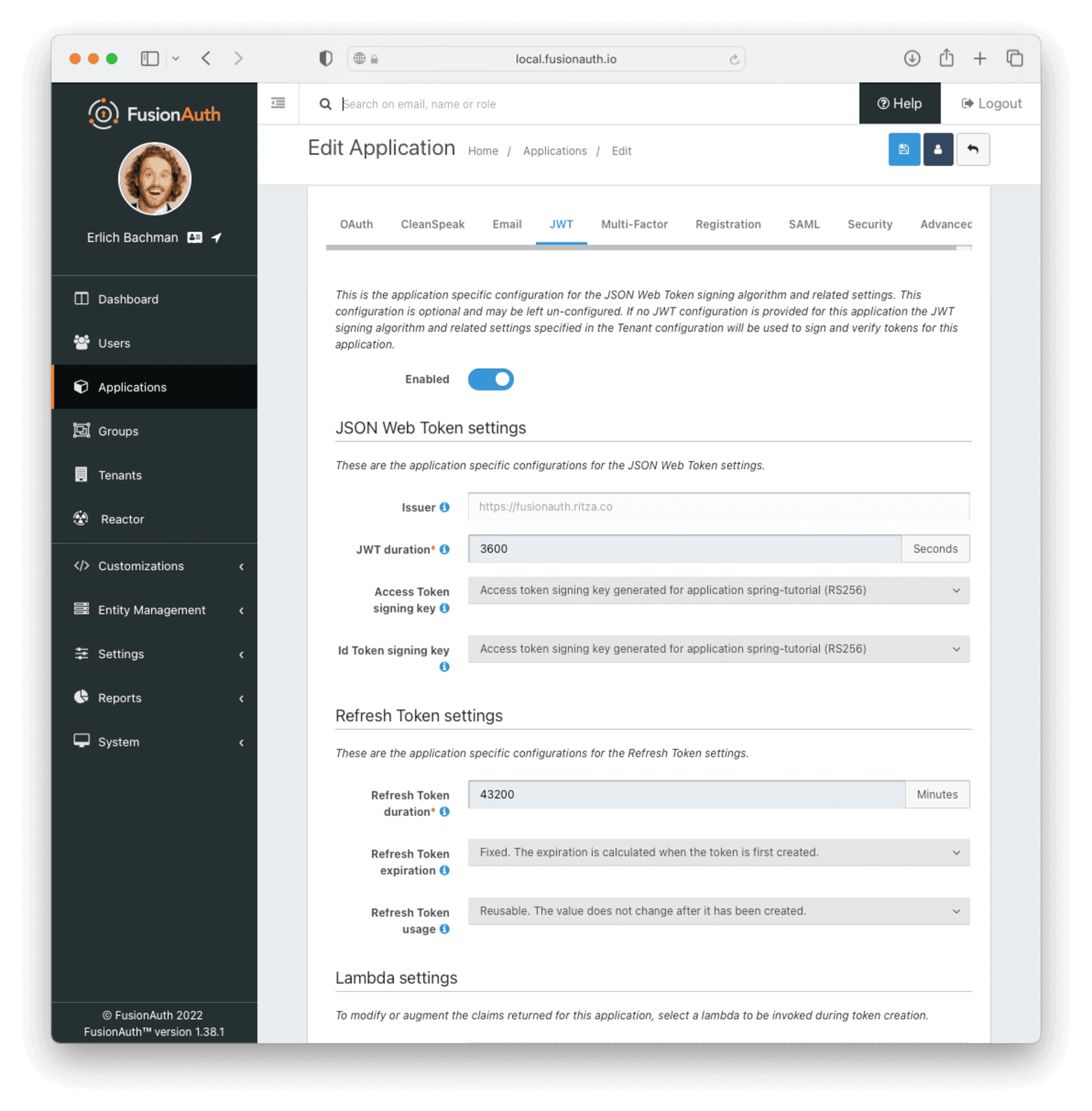 Configuring the JWT algorithm settings.