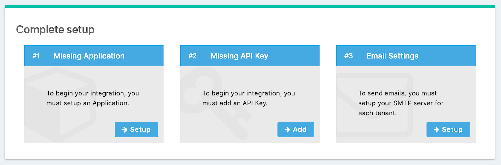 FusionAuth prompts us with the setup steps that we need to complete.