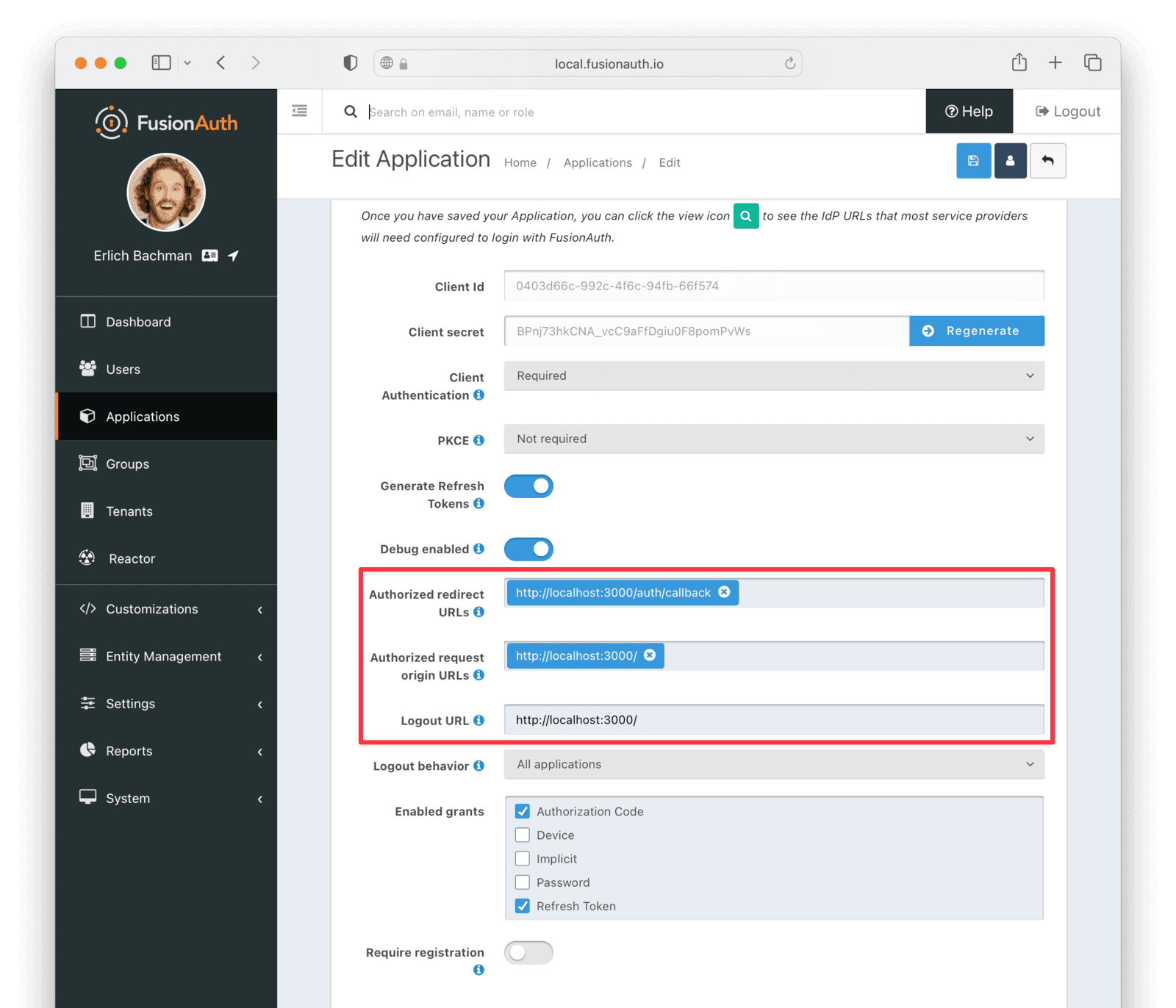 Configuring the application URLs in FusionAuth.