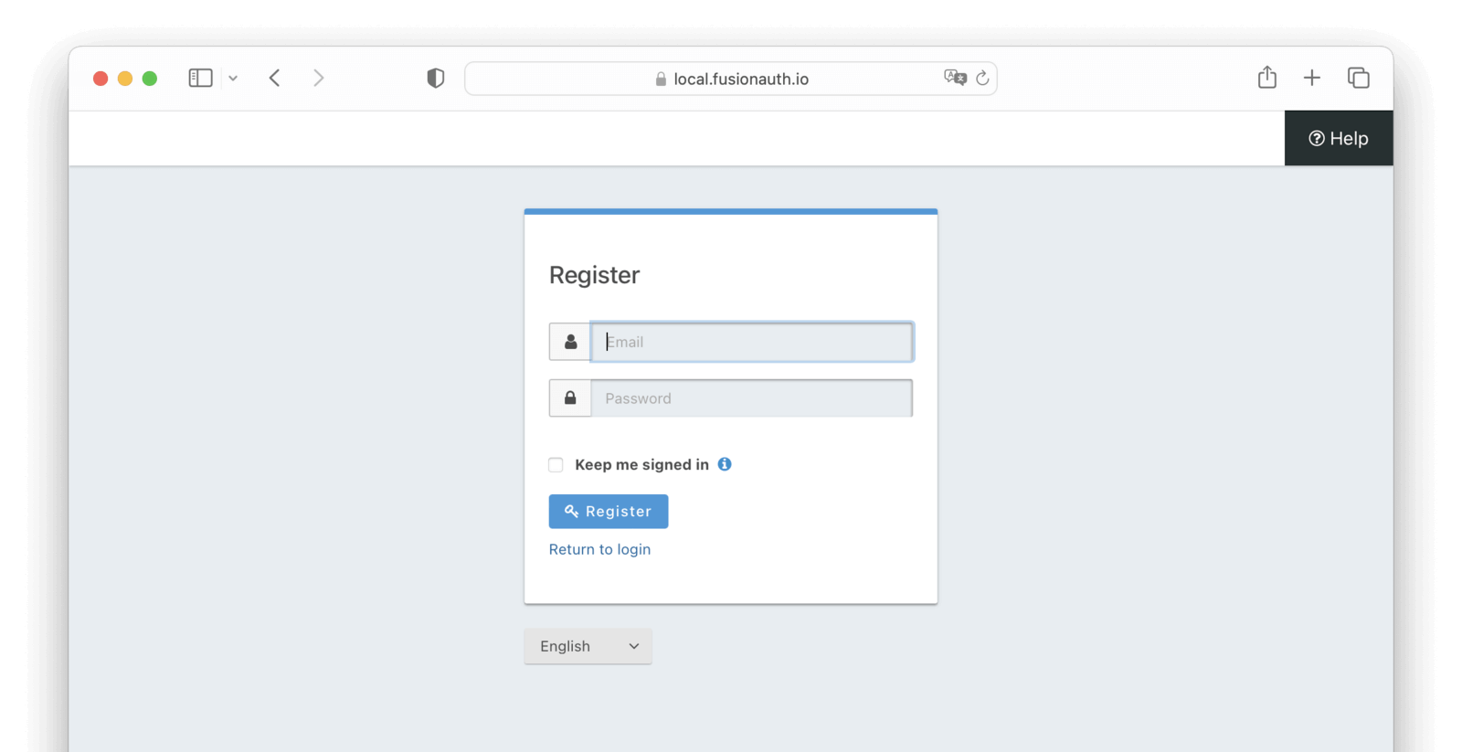 FusionAuth registration screen.