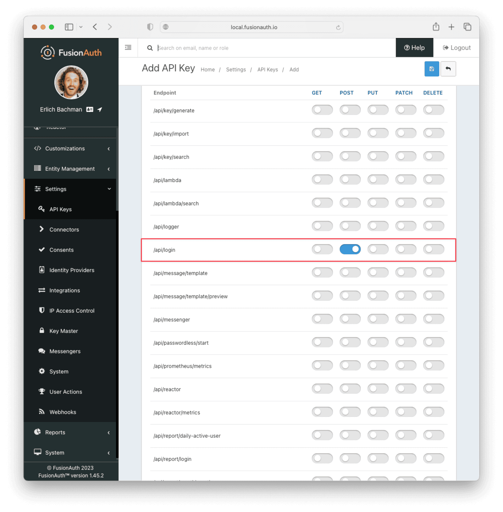 API key with post access to /api/login