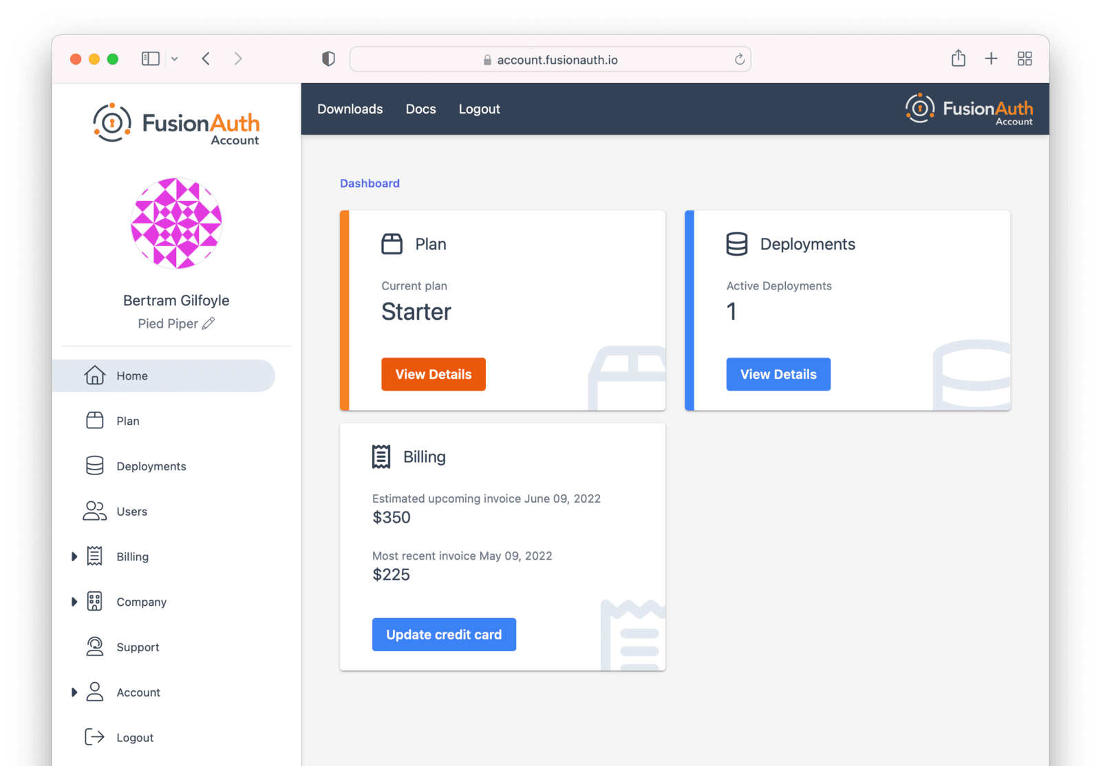 The dashboard of the FusionAuth Cloud account application.