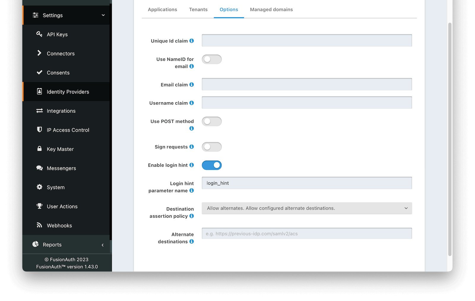 Add SAML v2 Options section