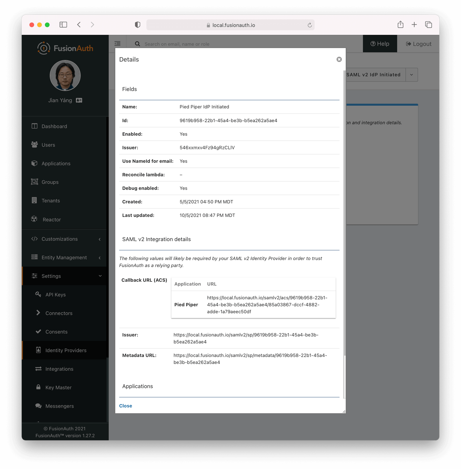 View the SAMLv2 identity provider details