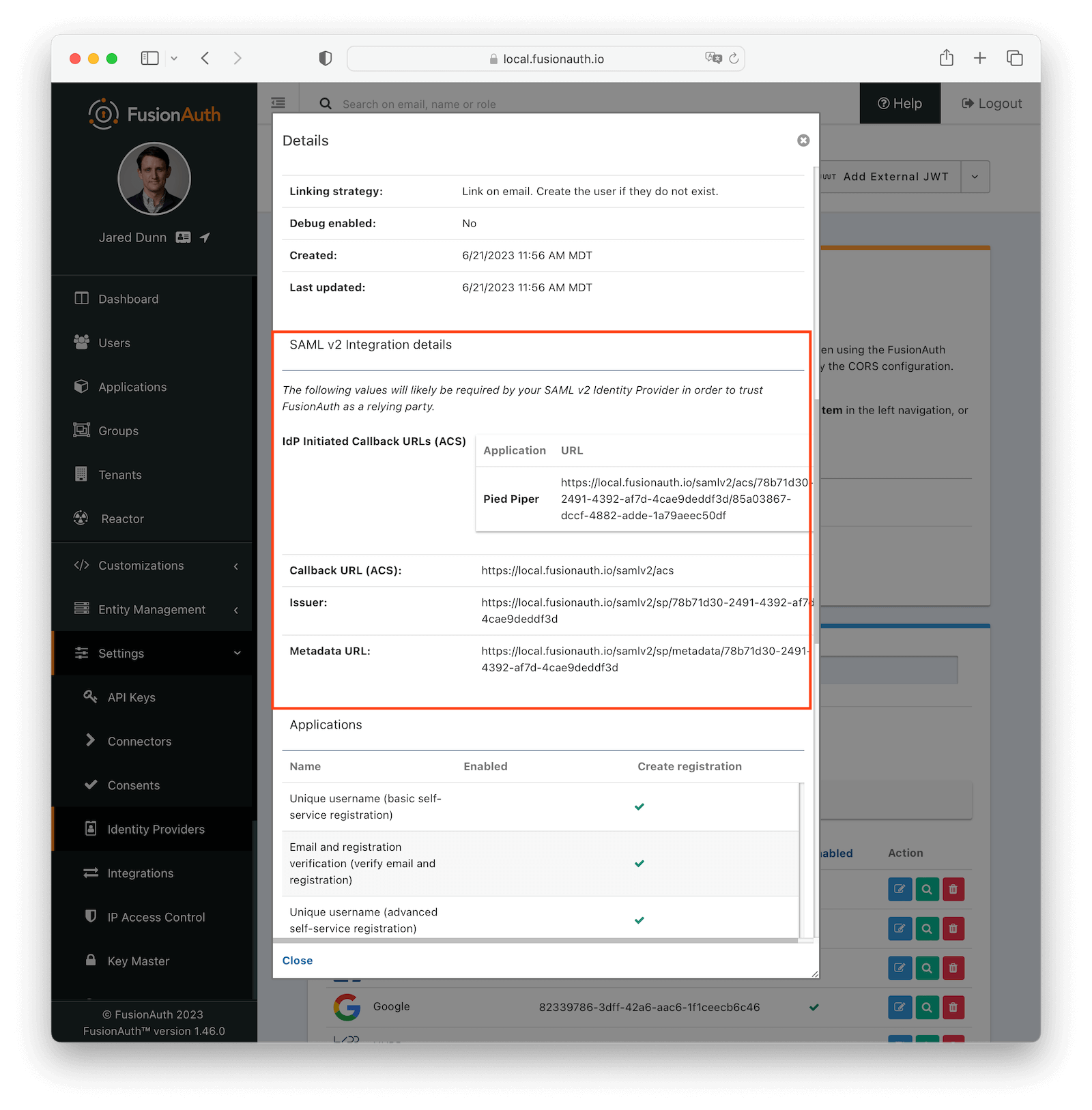 View the SAMLv2 identity provider details