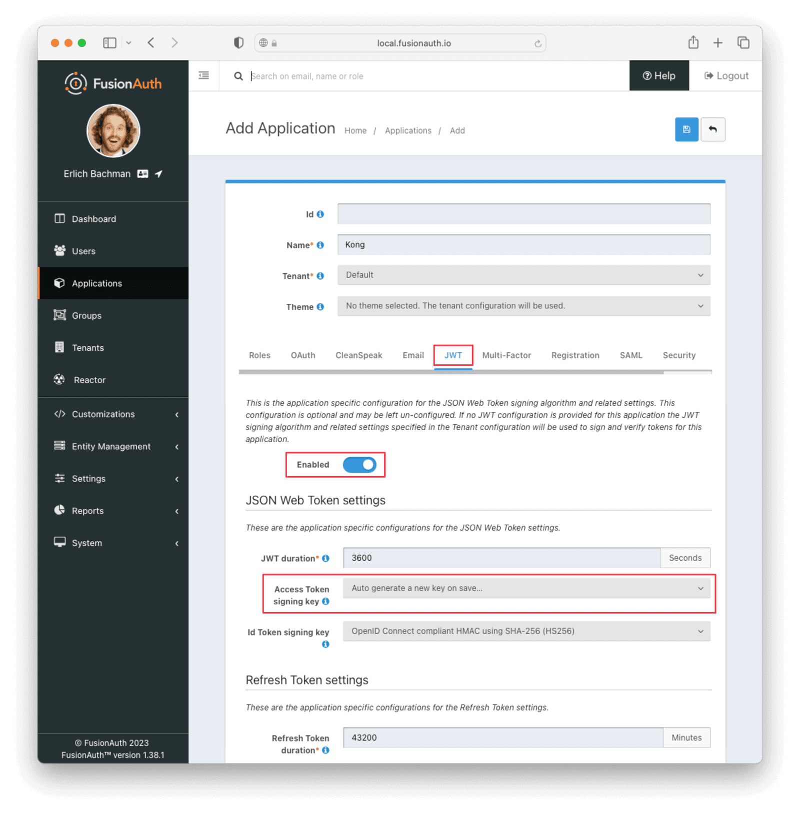 FusionAuth application JWT settings