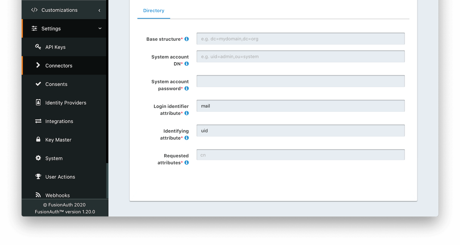 The LDAP Connector creation screen.