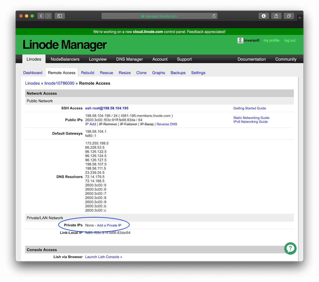 Linode setup private IP