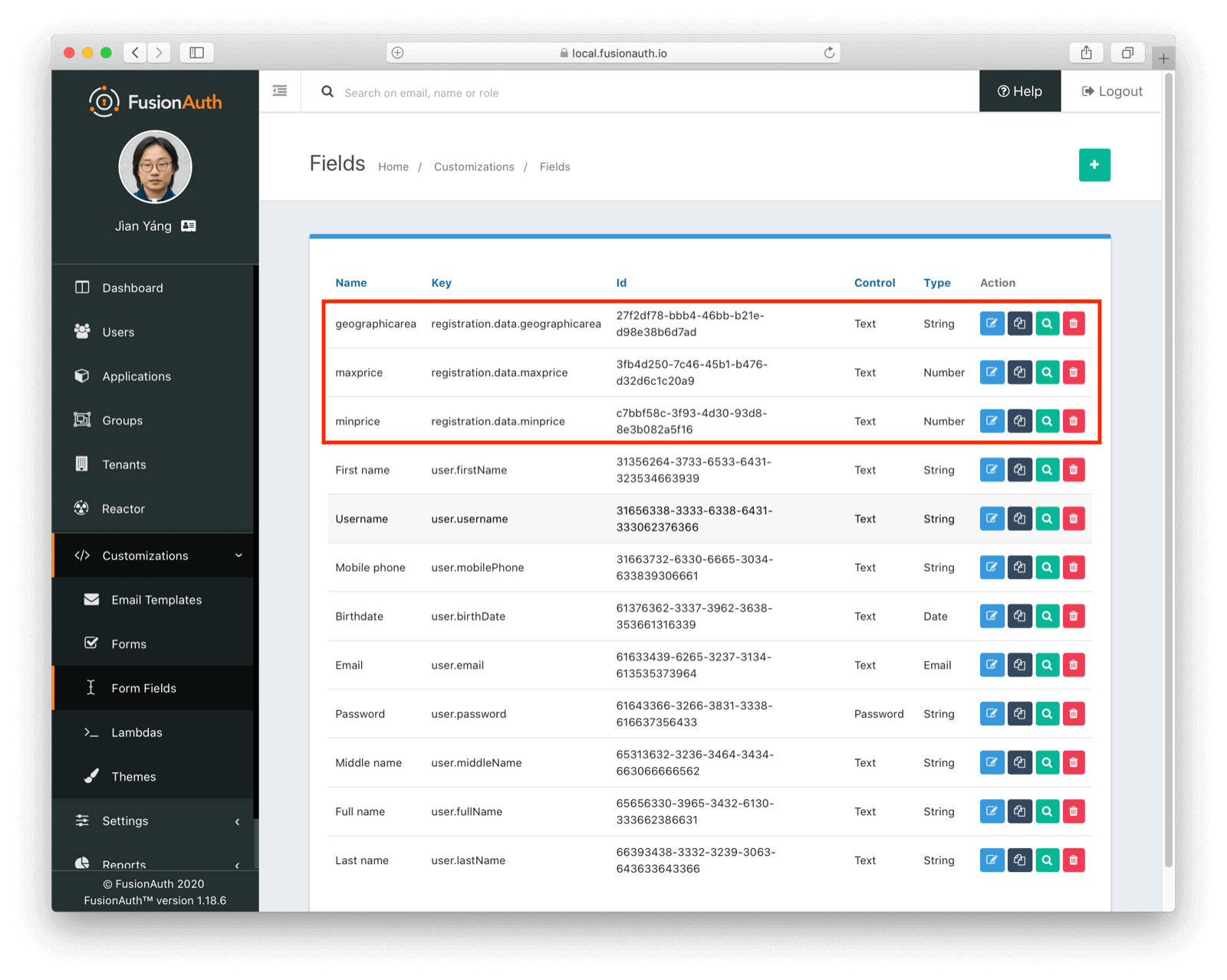 The list of fields with our custom fields added.