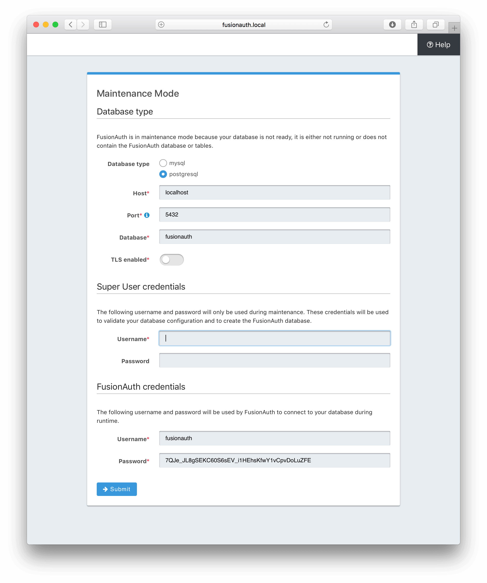 Maintenance Mode Database Configuration