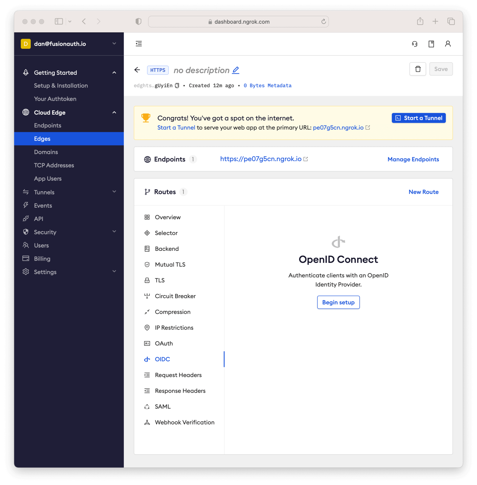 The ngrok Cloud Edges OIDC configuration screen