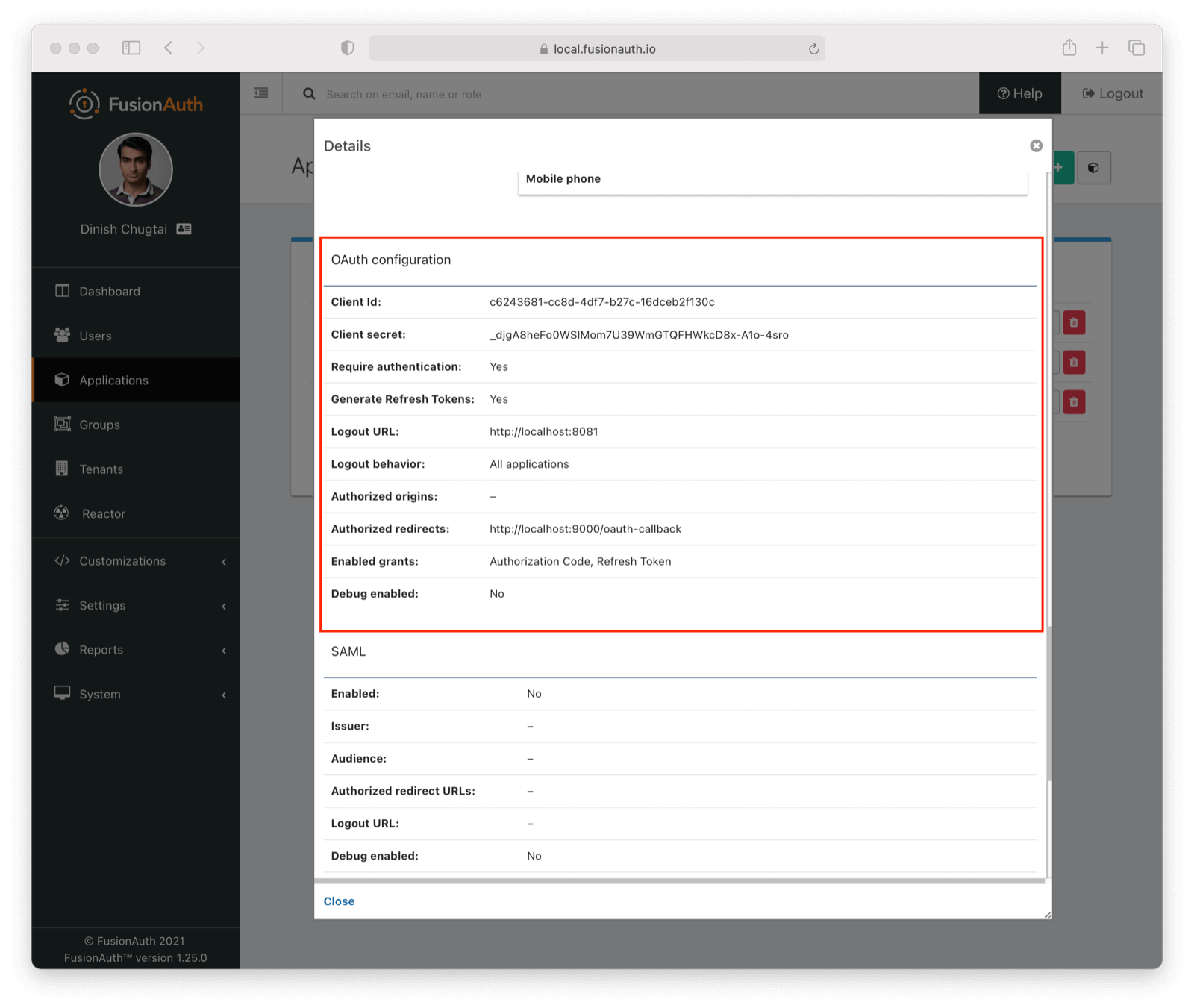 Client Id and Client Secret settings for the application.