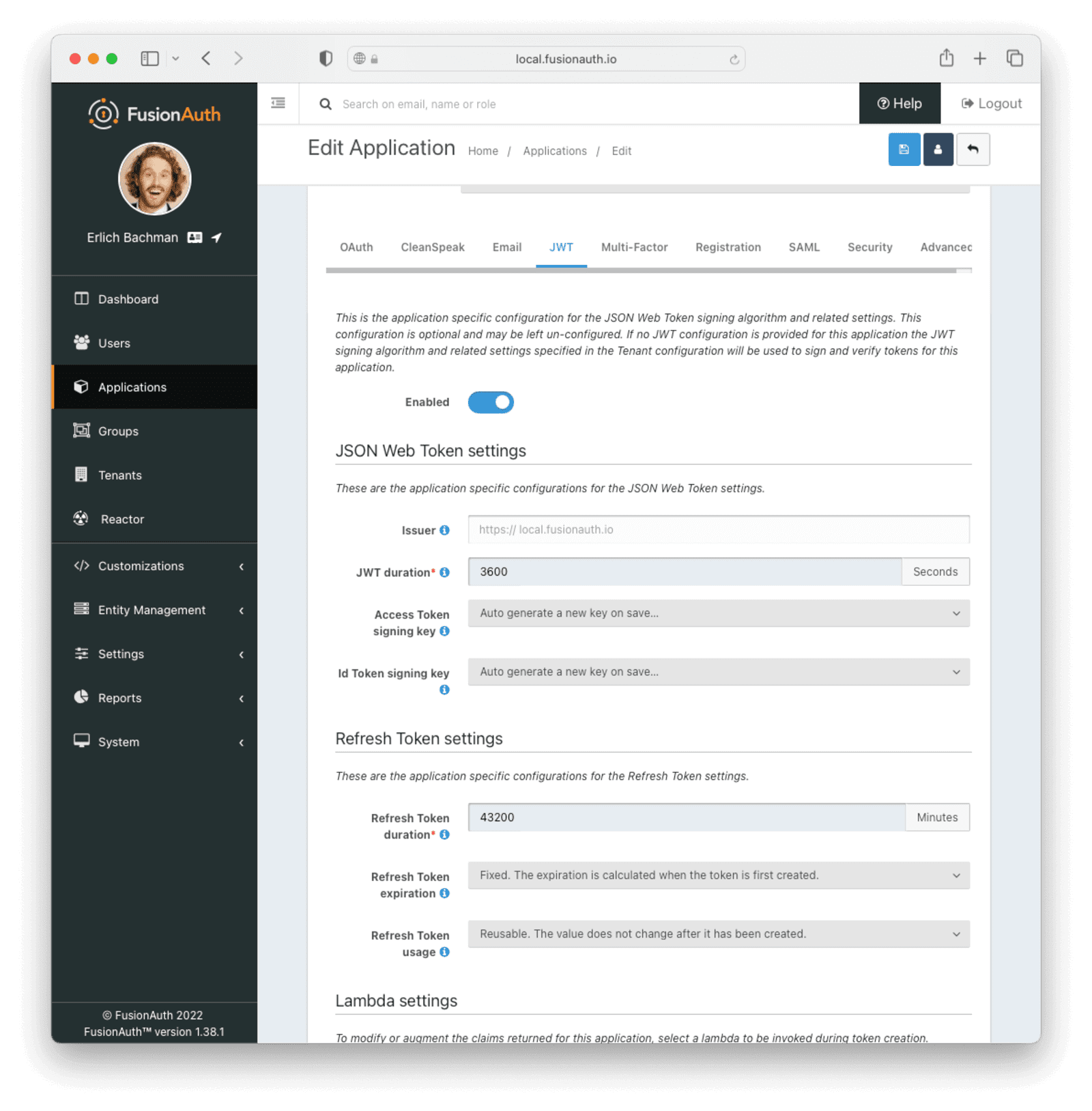 Completed JWT configuration for an application in FusionAuth