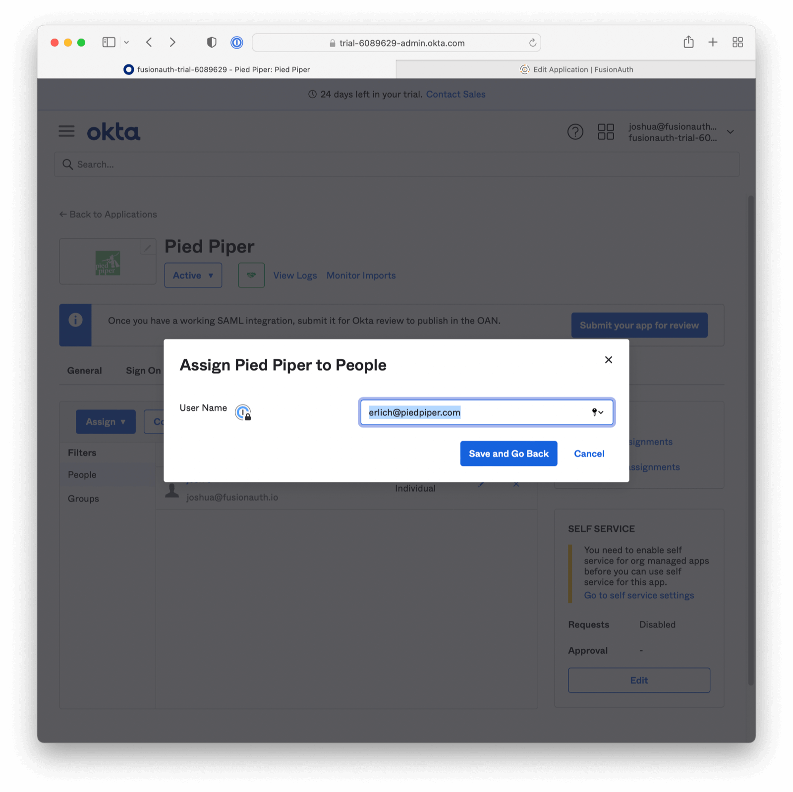 Assigning a user to the SAML SP application step two