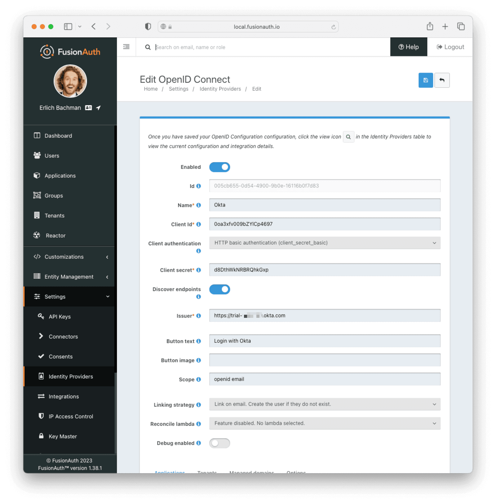 identity provider settings.