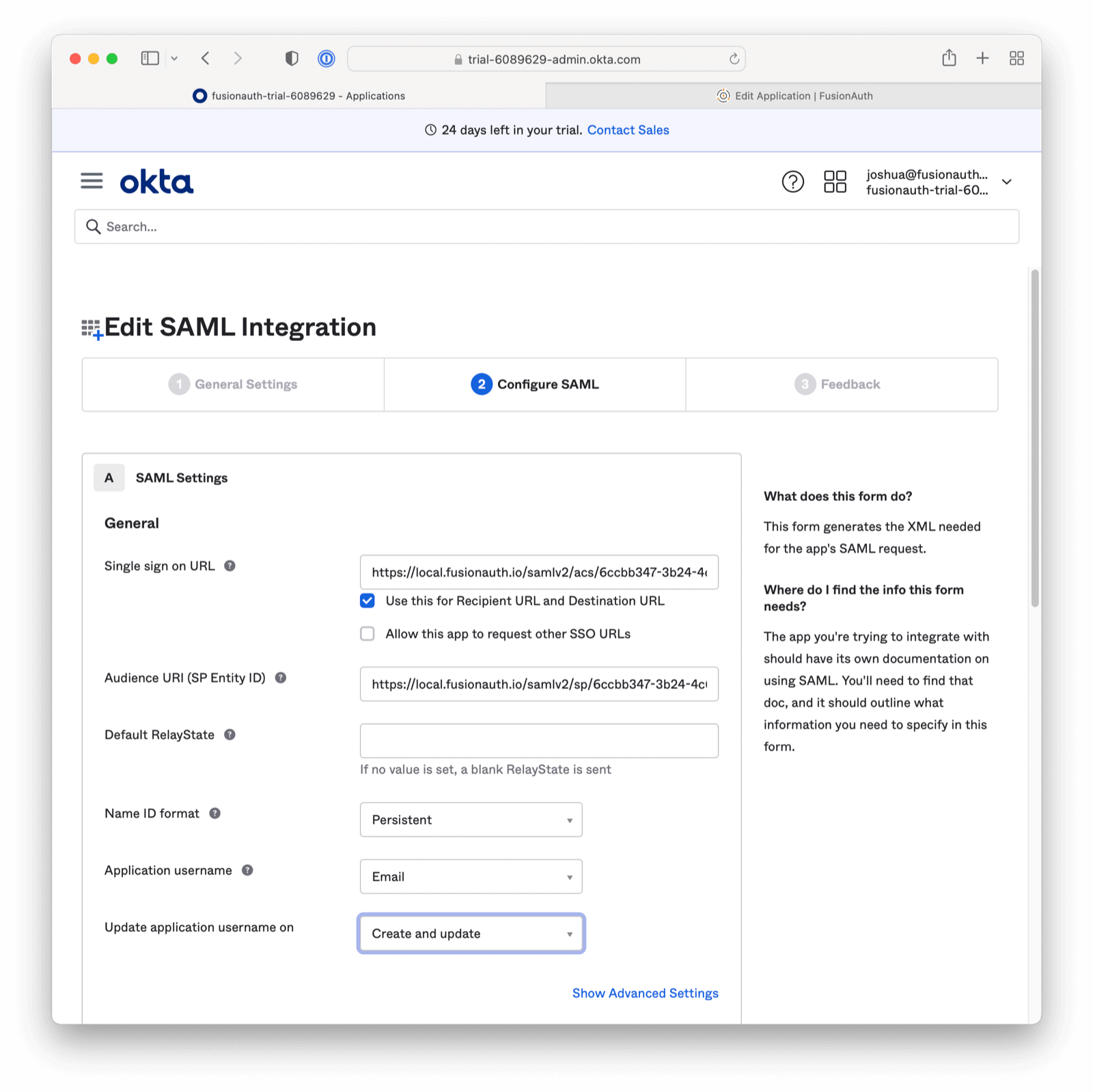 Configure Okta with the FusionAuth SP information