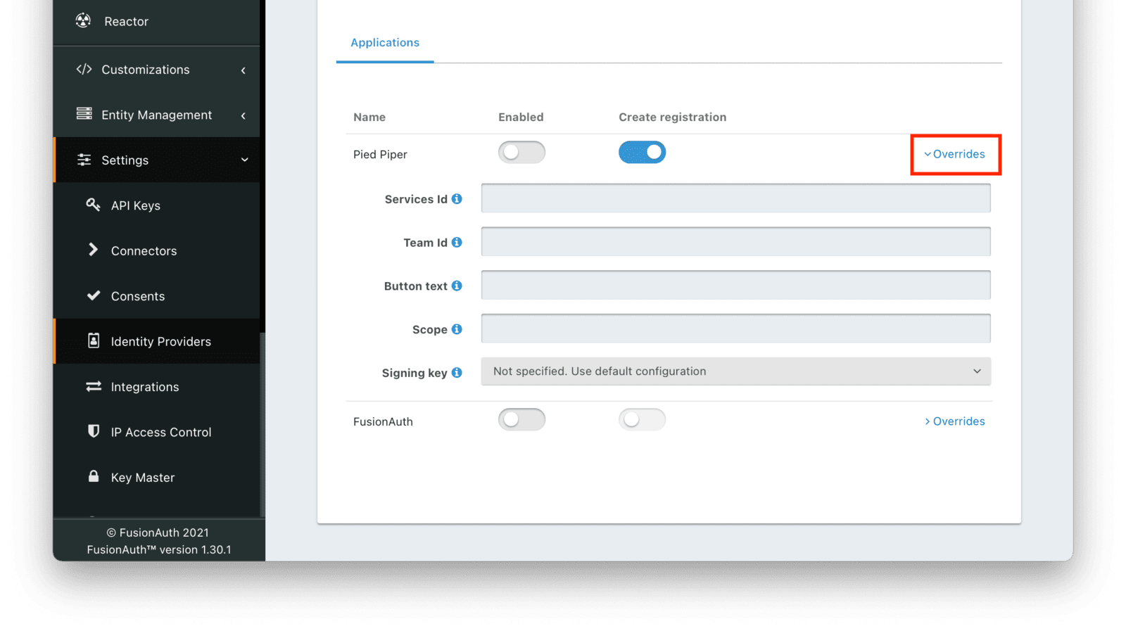 Overriding Identity Provider settings