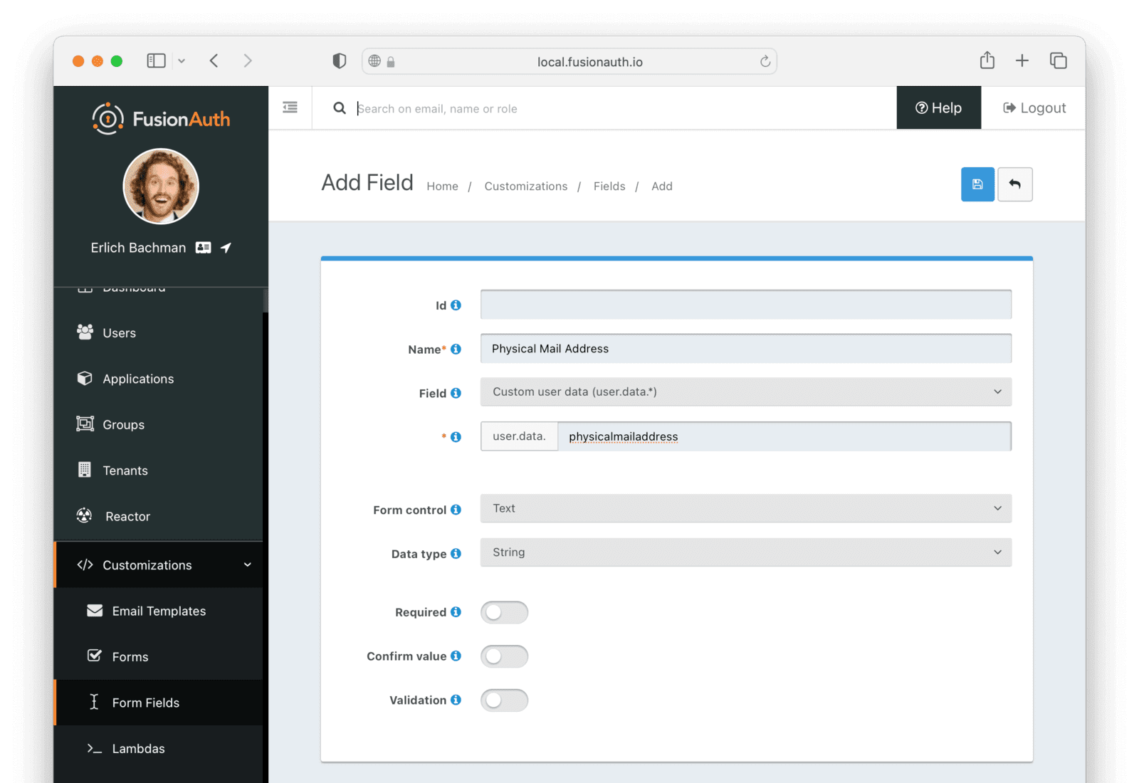 Create the physical mail address form field